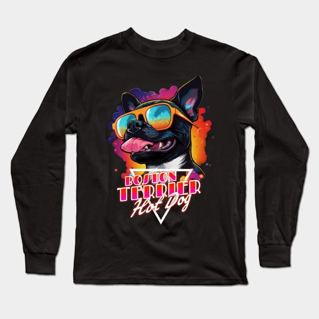 Retro Wave Boston Terrier Hot Dog Shirt Long Sleeve T-Shirt by Miami Neon Designs